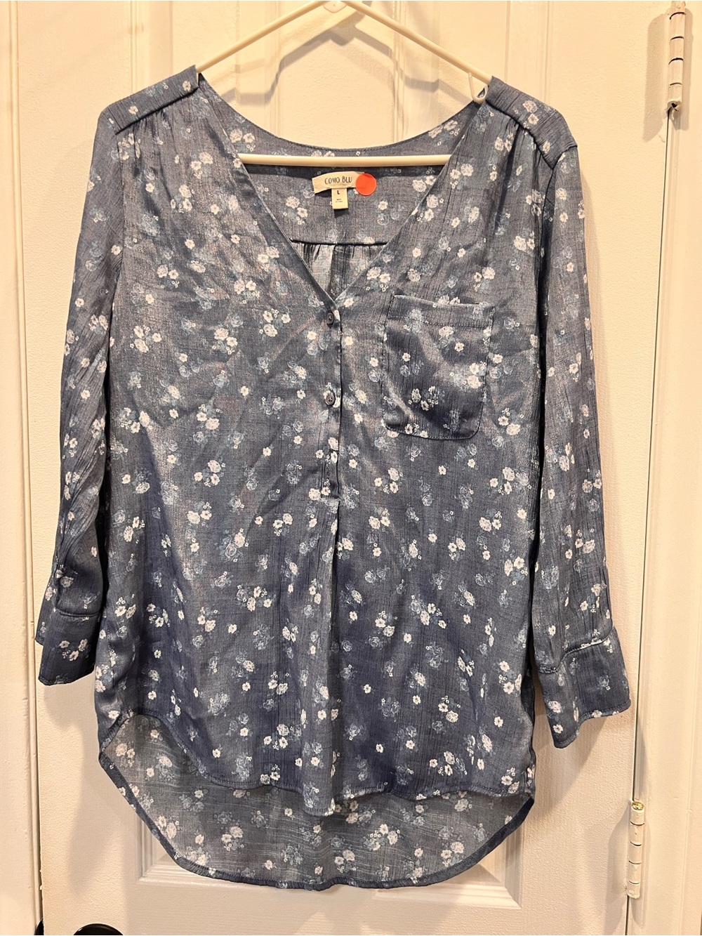 Como Blu Blue Floral V-Neck Button Blouse Size L
